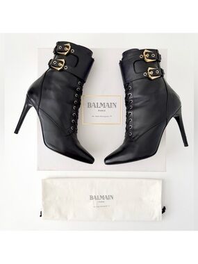 BALMAIN || Nina Black Leather Buckle Lace Up Ankle Boots Stiletto Heels EU 38